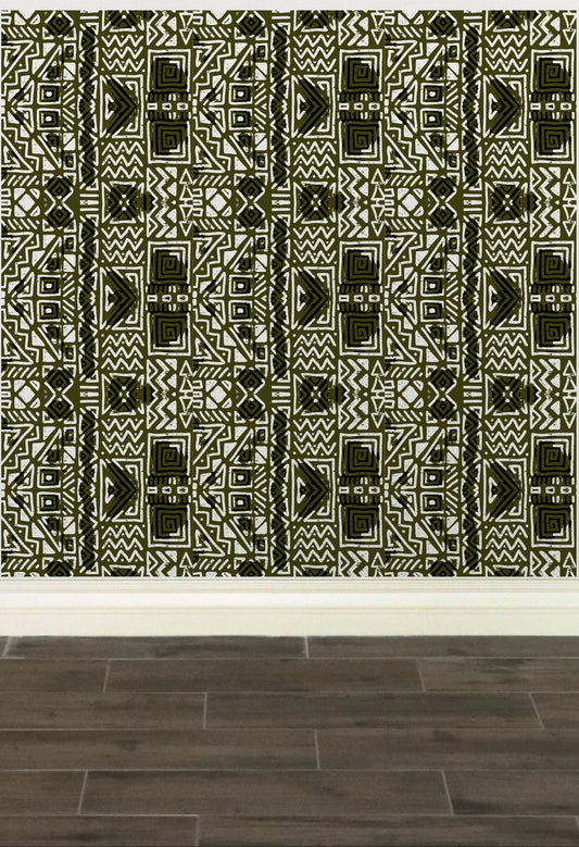 Dark Olive African Geometric Print Wallpaper